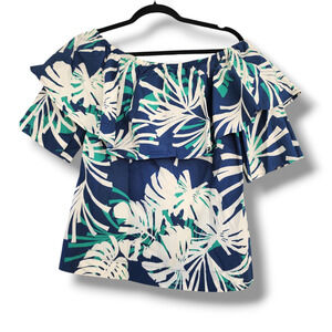 Alpha Studio NWT boho top 100% cotton ruffle top tropical‎ size 40 /M blue white